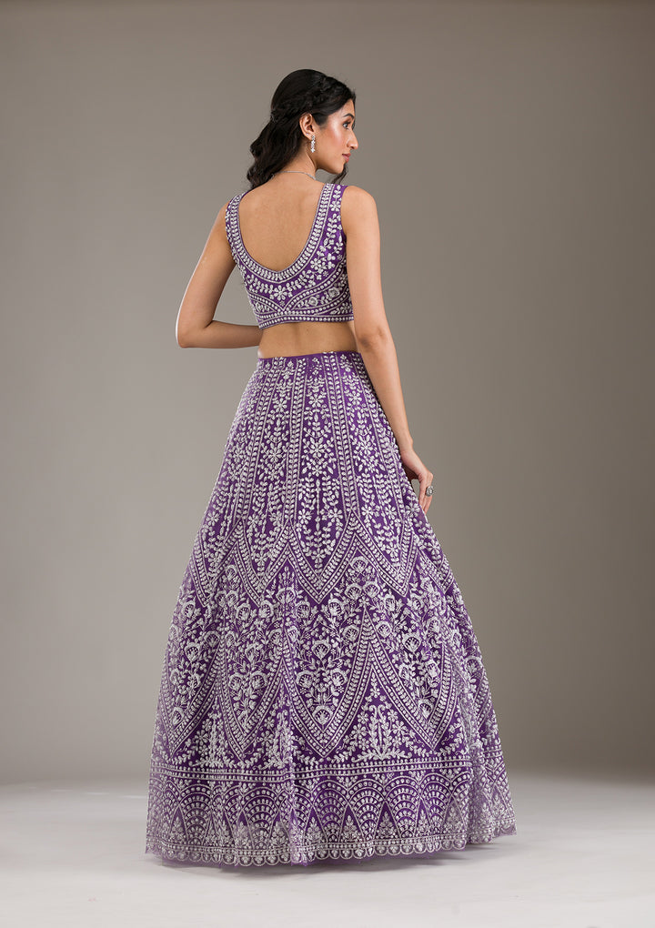 Purple Pearlwork Net Readymade Lehenga