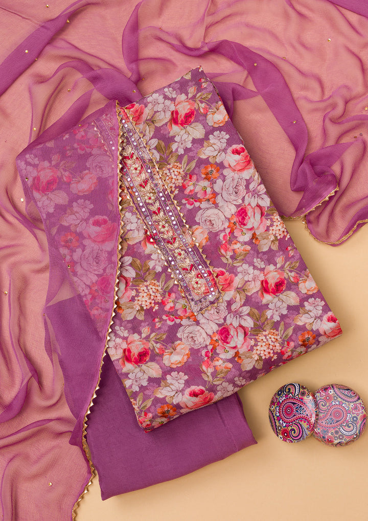 Purple Printed Georgette Unstitched Salwar Suit