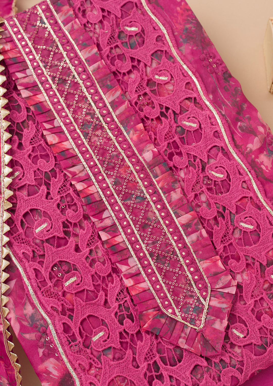 Purple Printed Organza Unstitched Salwar Suit