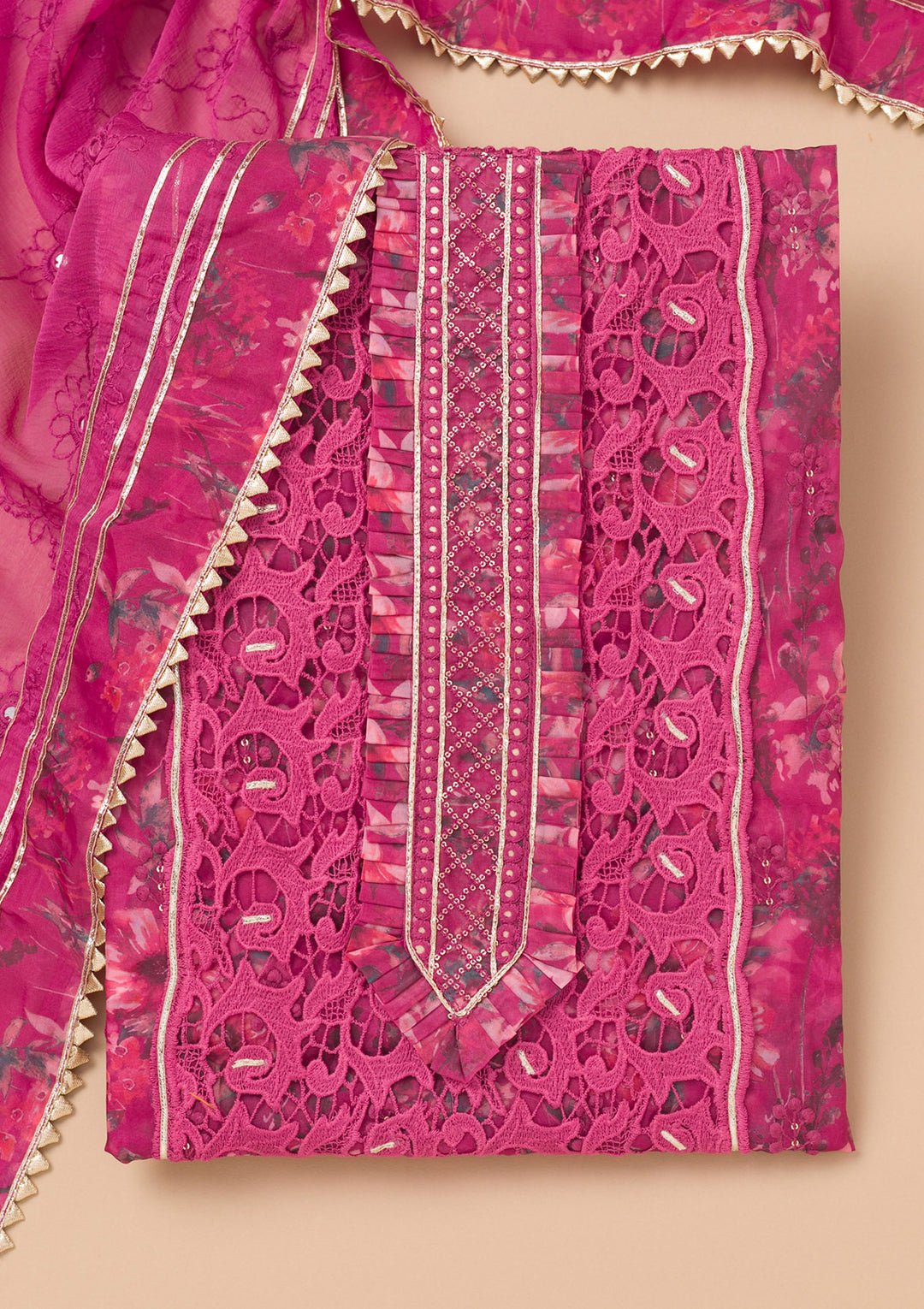 Purple Printed Organza Unstitched Salwar Suit