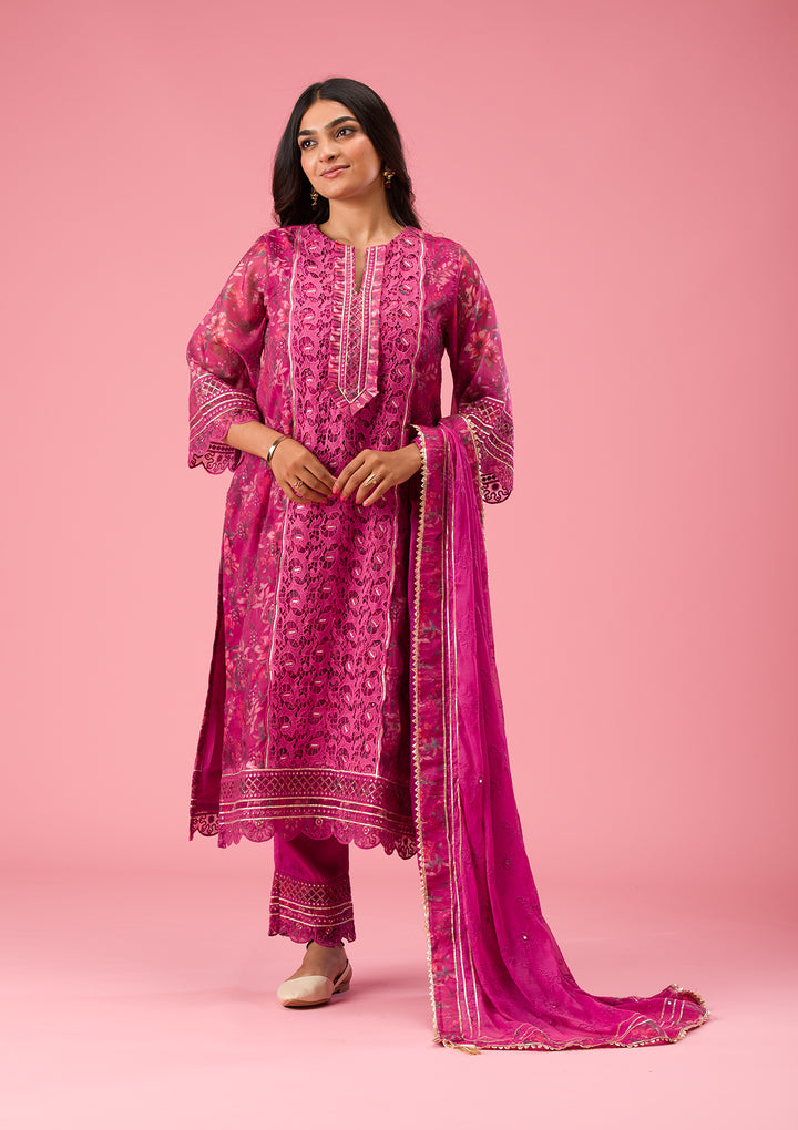 Purple Printed Organza Unstitched Salwar Suit