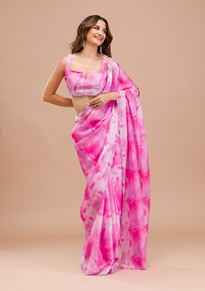 Pink Printed Satin Saree