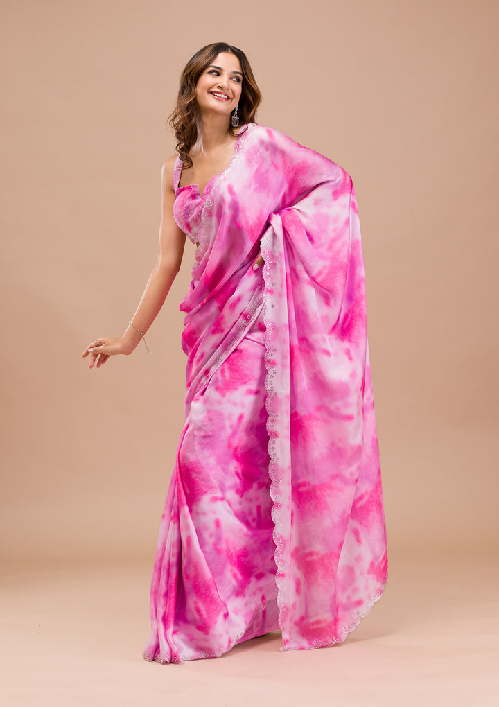 Pink Printed Satin Saree