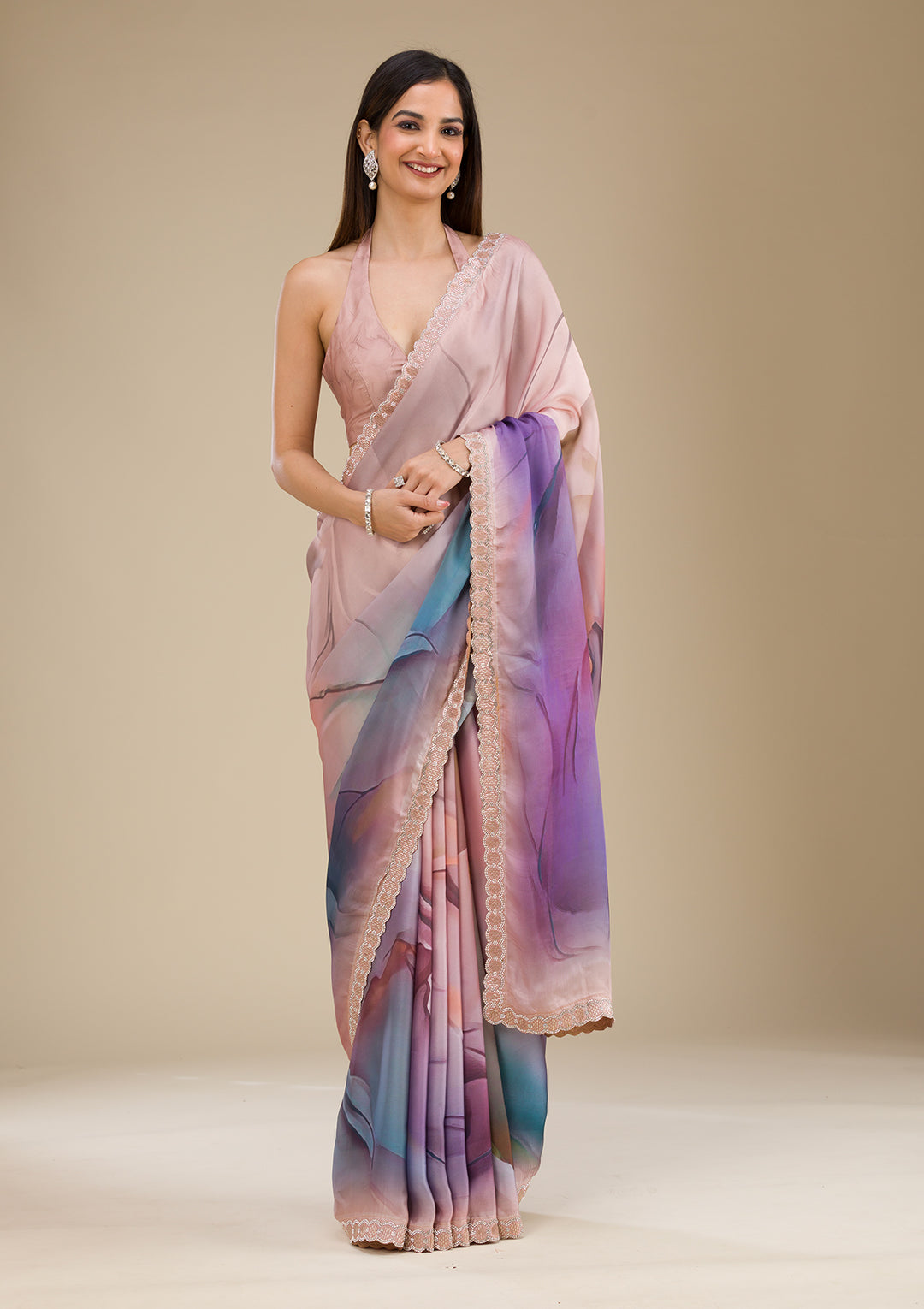 Purple Printed Satin Saree