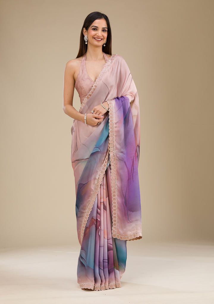 Purple Printed Satin Saree