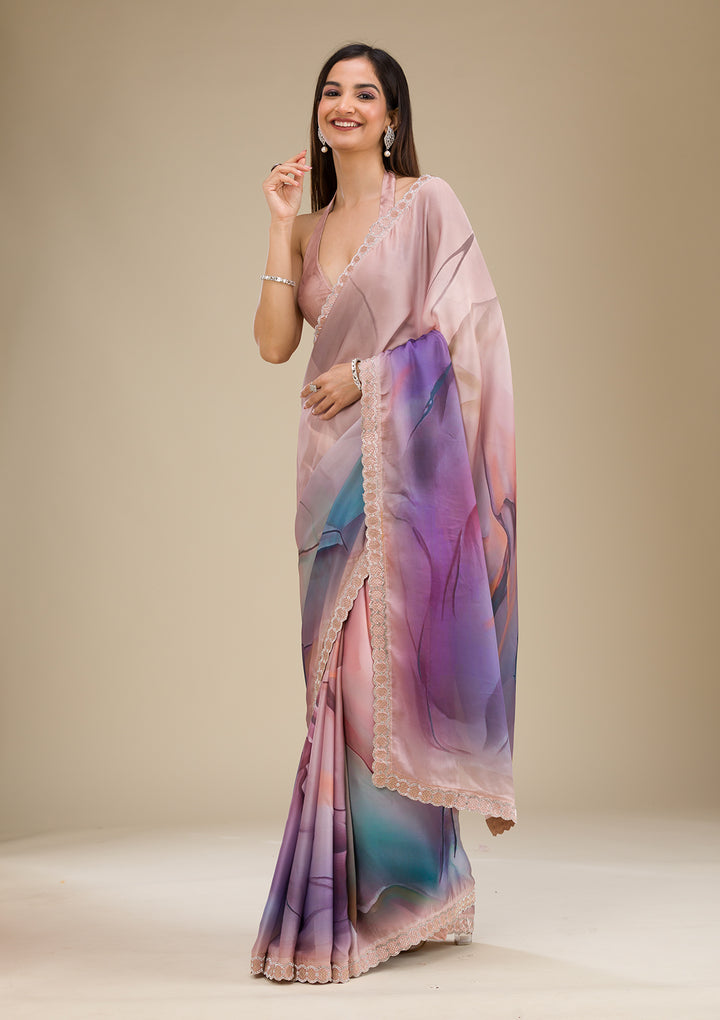 Purple Printed Satin Saree