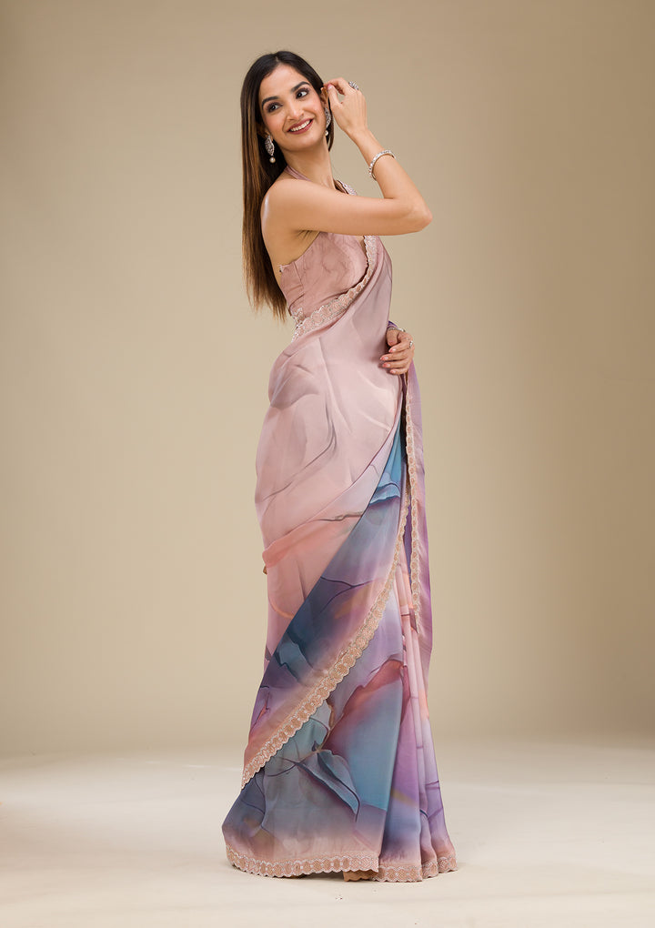 Purple Printed Satin Saree