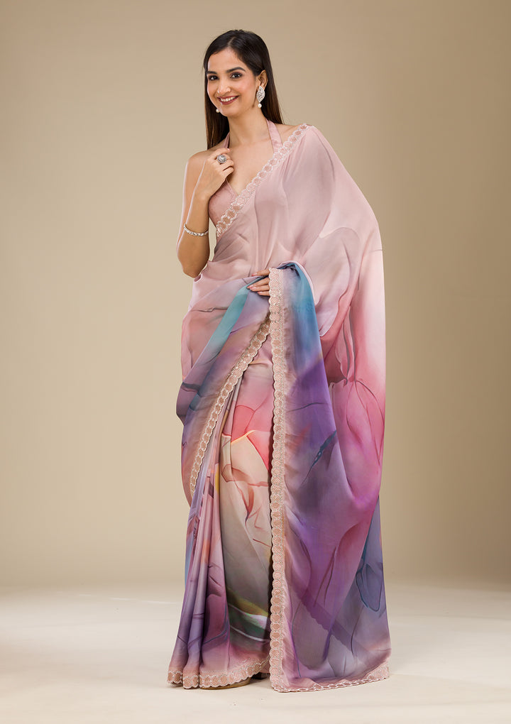 Purple Printed Satin Saree