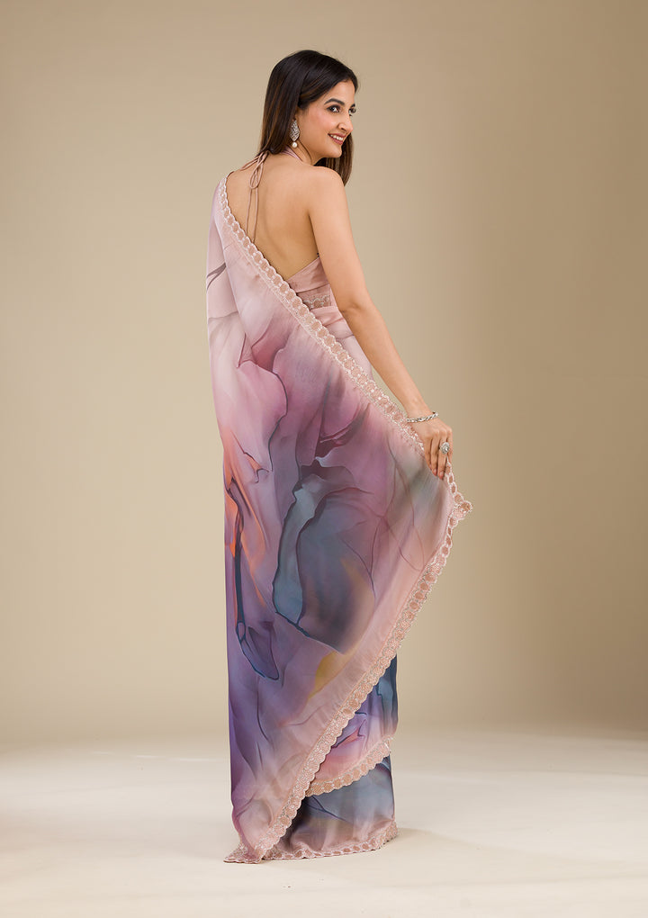 Purple Printed Satin Saree