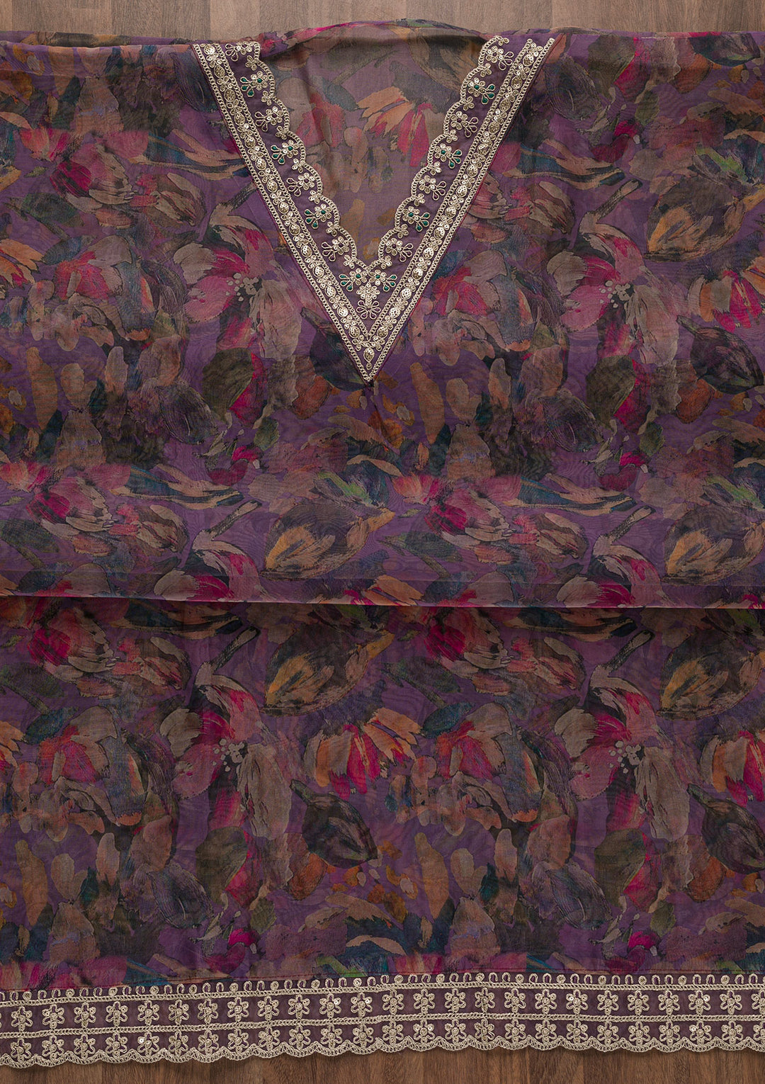 Purple Printed Organza Unstitched Salwar Suit