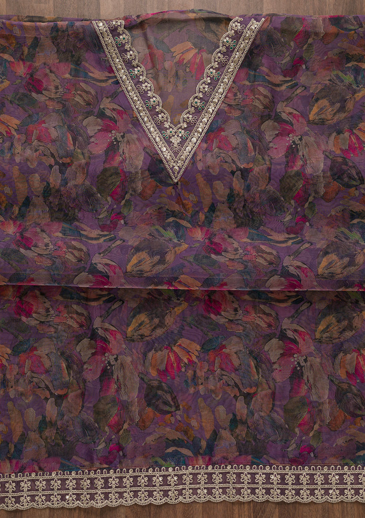 Purple Printed Organza Unstitched Salwar Suit