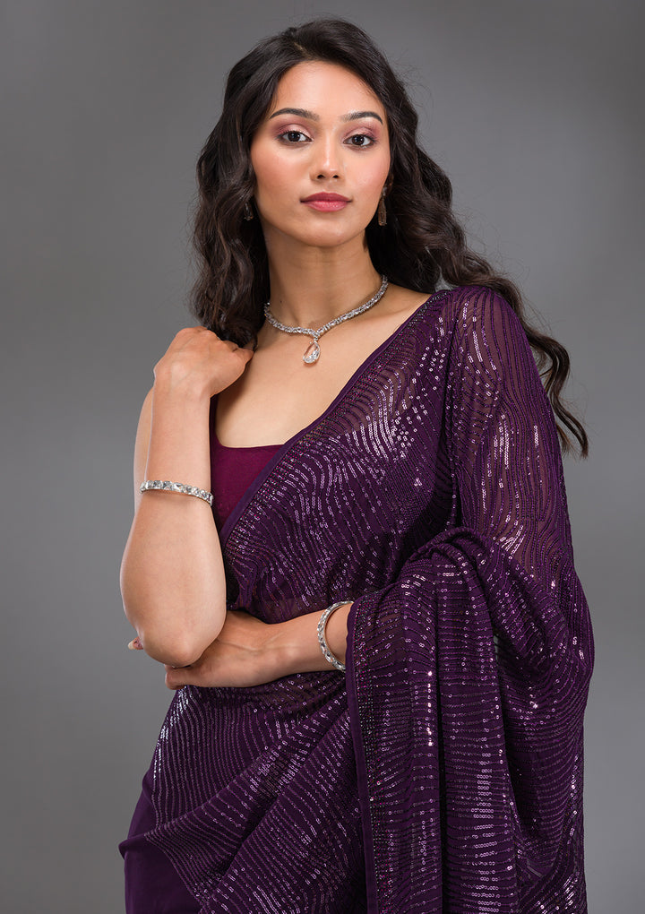 Purple Sequins Georgette Saree