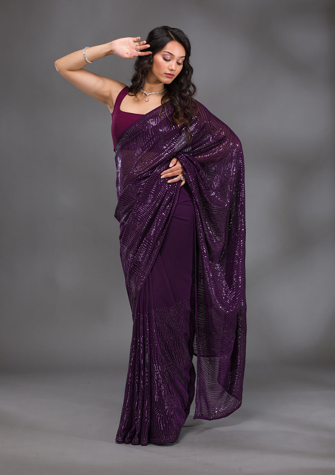 Purple Sequins Georgette Saree