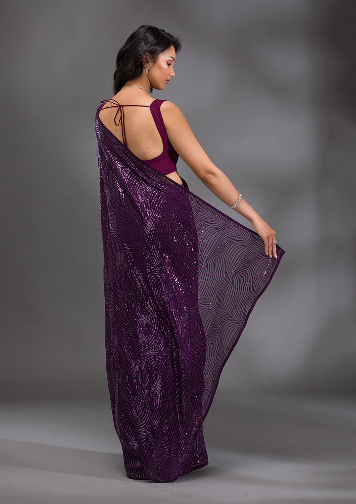 Purple Sequins Georgette Saree