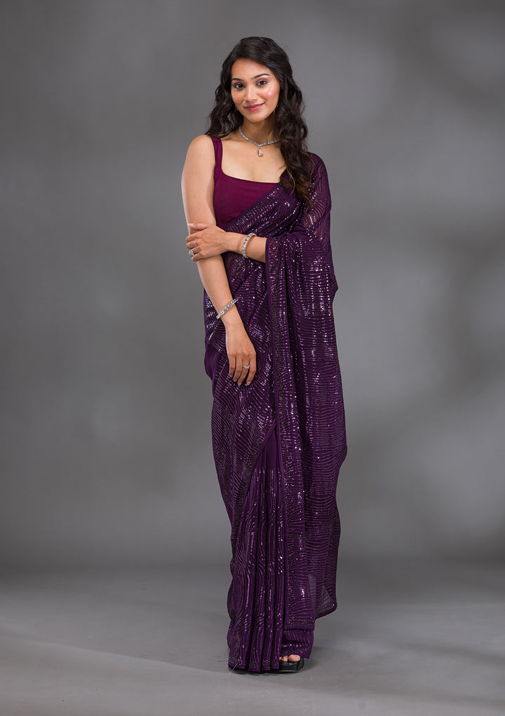 Purple Sequins Georgette Saree