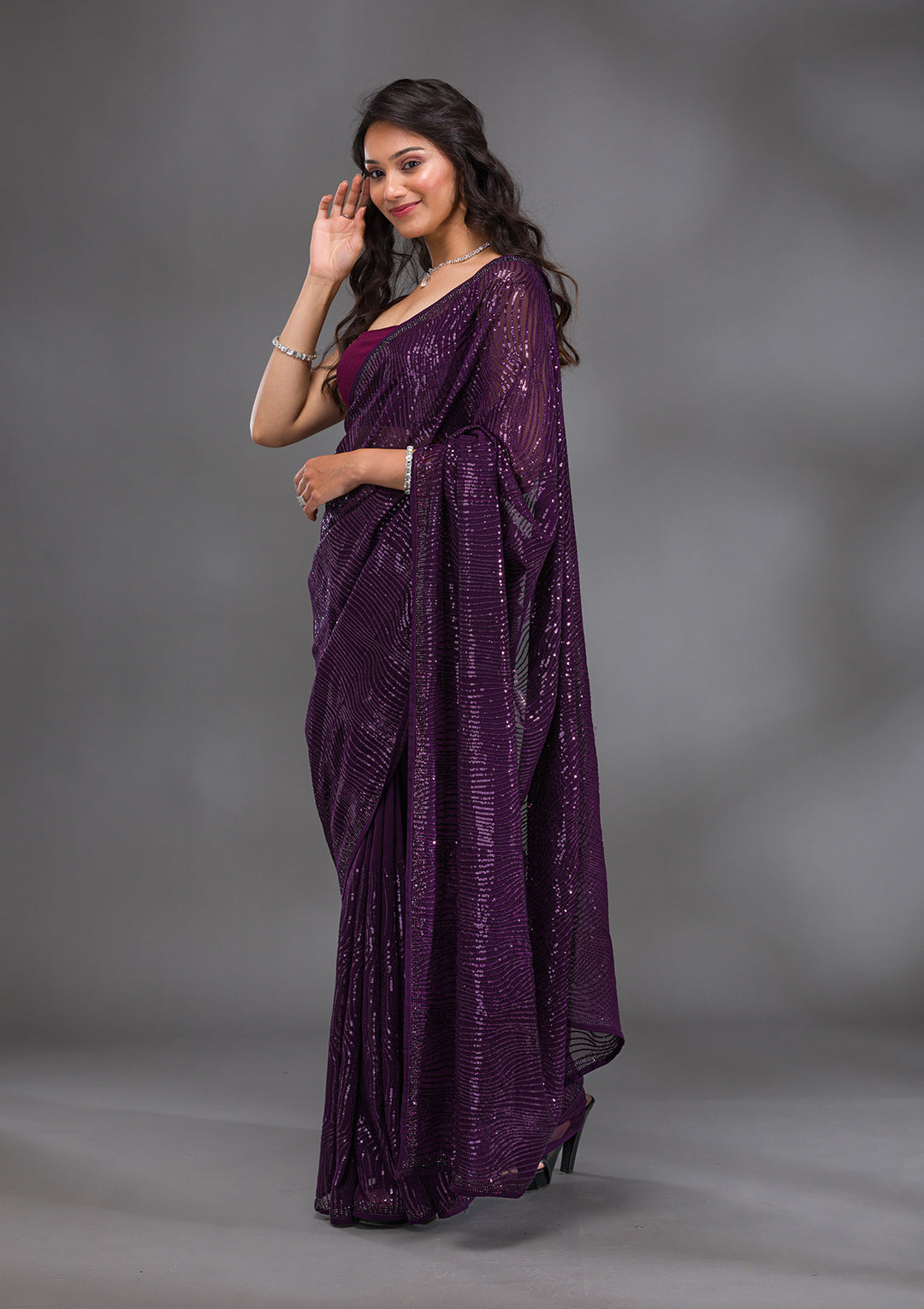Purple Sequins Georgette Saree
