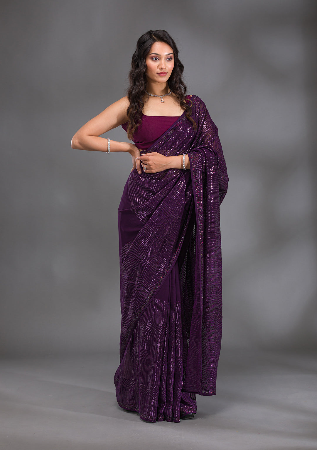 Purple Sequins Georgette Saree