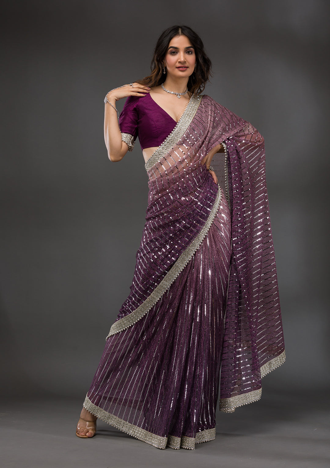 Purple Sequins Shimmer Georgette Saree