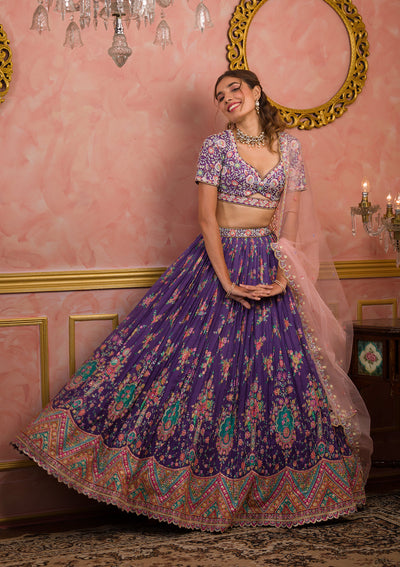 Purple Sequins Tissue Readymade Lehenga-Koskii