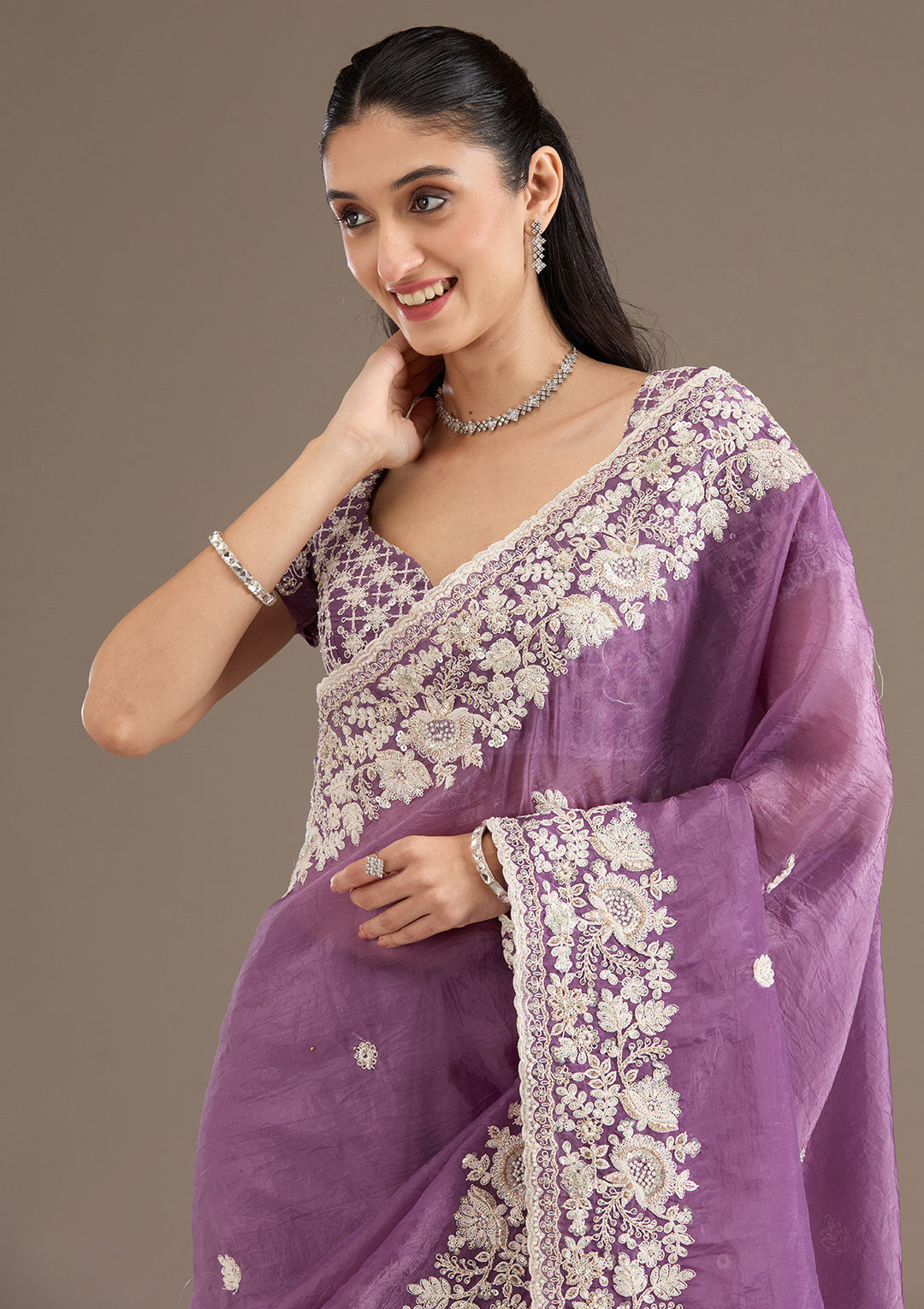 Purple Sequins Tissue Saree