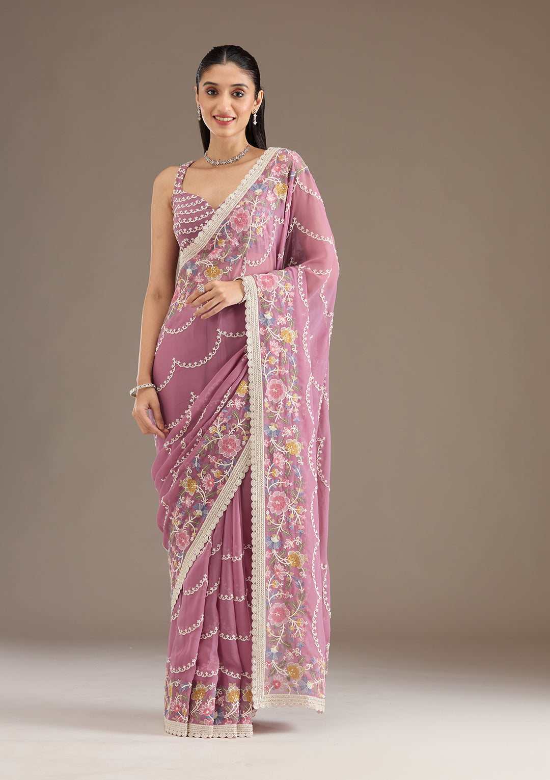 Purple Thread Work Tissue Saree
