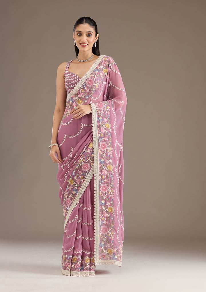 Purple Thread Work Tissue Saree