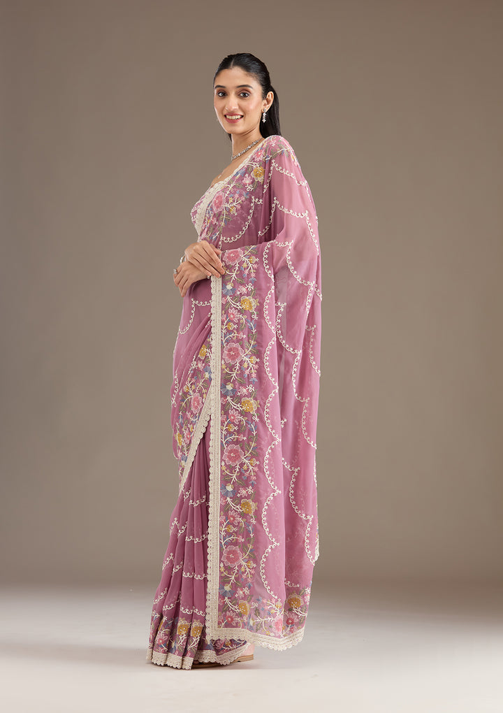 Purple Thread Work Tissue Saree