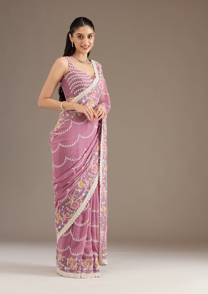 Purple Thread Work Tissue Saree