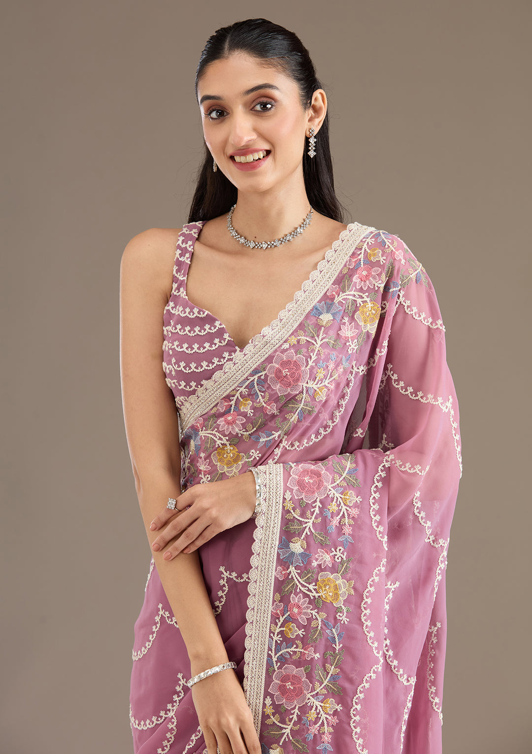 Purple Thread Work Tissue Saree