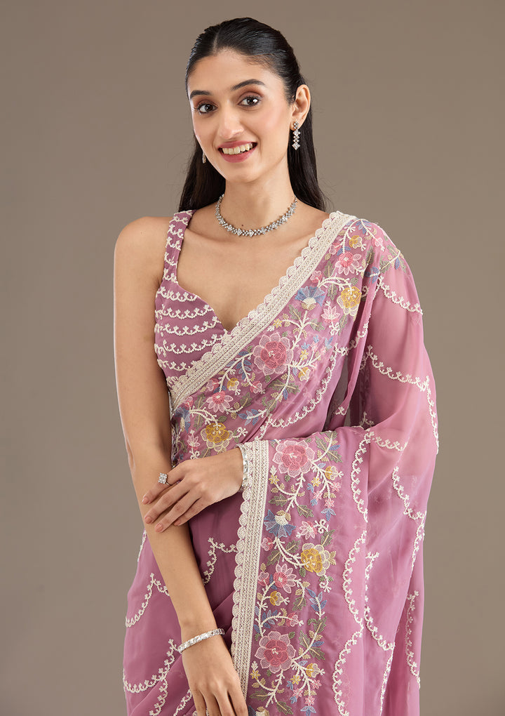 Purple Thread Work Tissue Saree