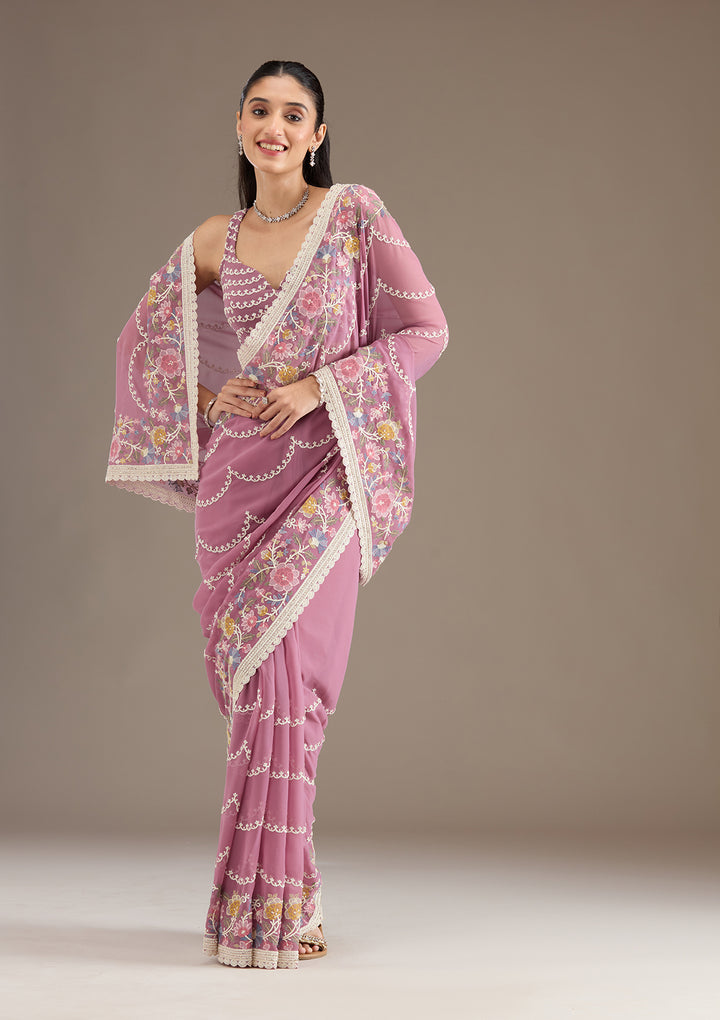 Purple Thread Work Tissue Saree