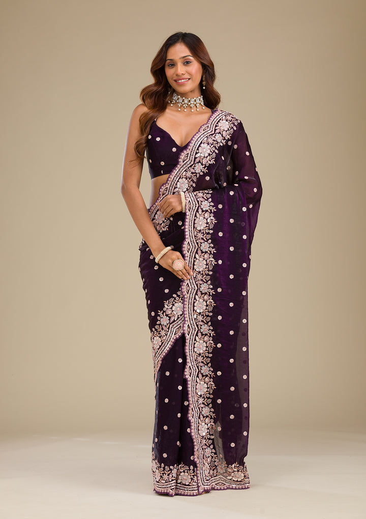 Purple Sequins Semi Crepe Saree