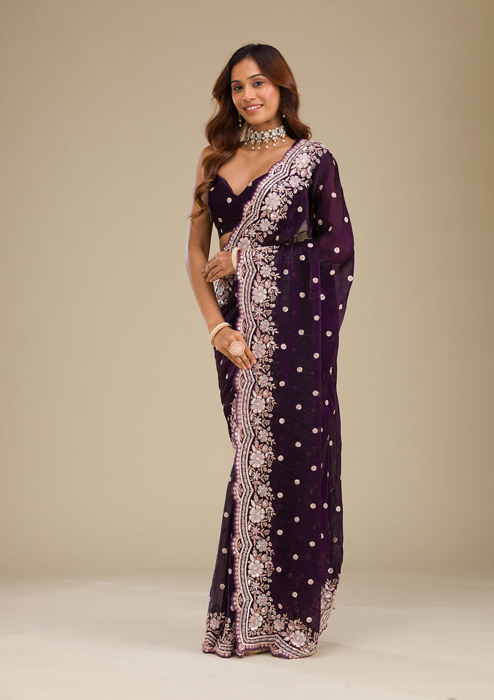Purple Sequins Semi Crepe Saree