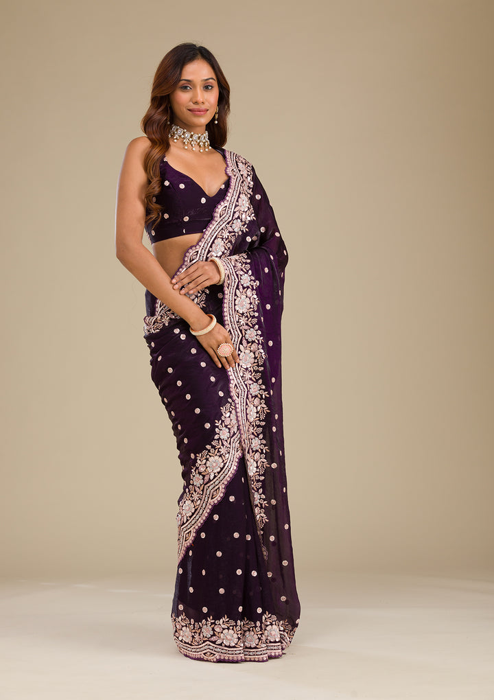 Purple Sequins Semi Crepe Saree