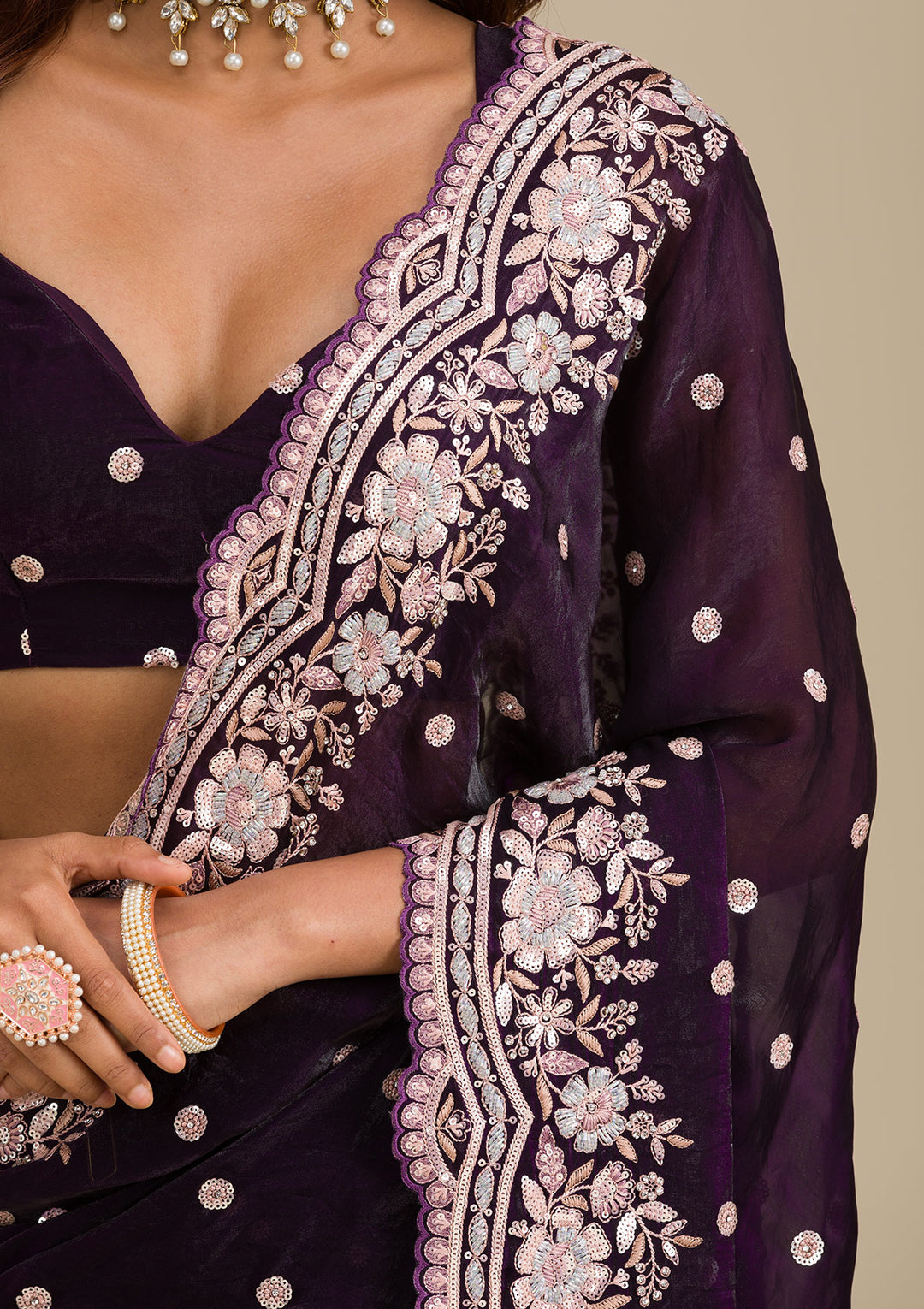 Purple Sequins Semi Crepe Saree