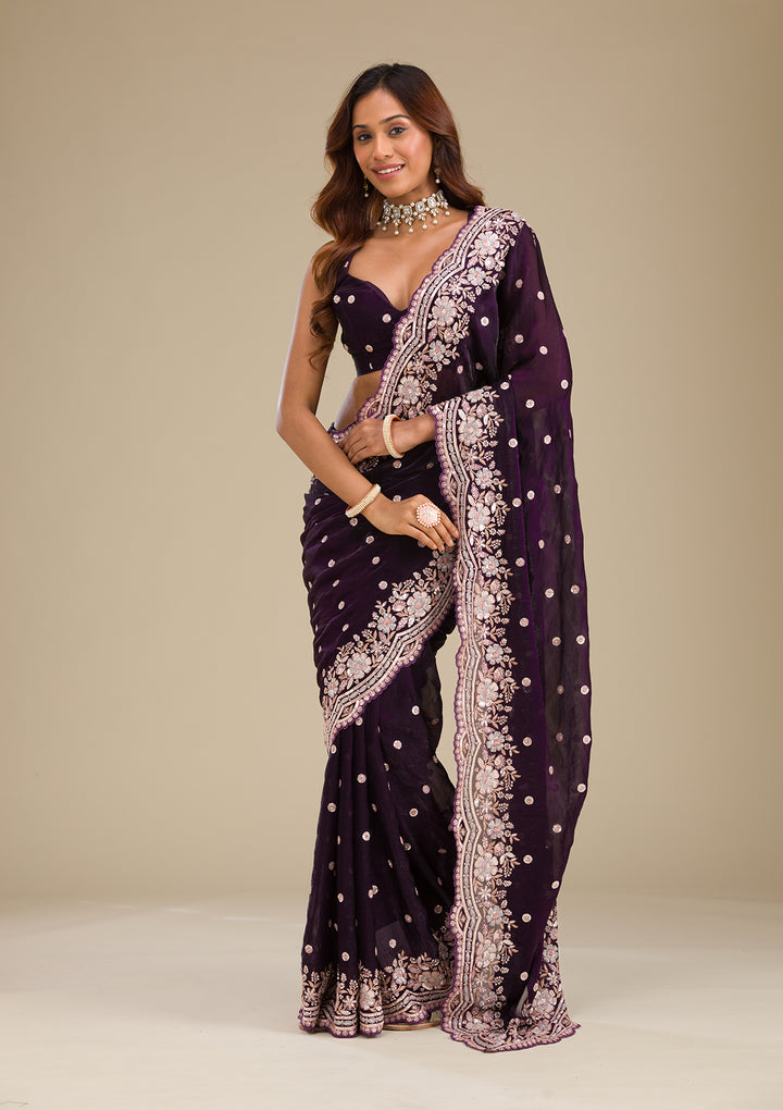 Purple Sequins Semi Crepe Saree