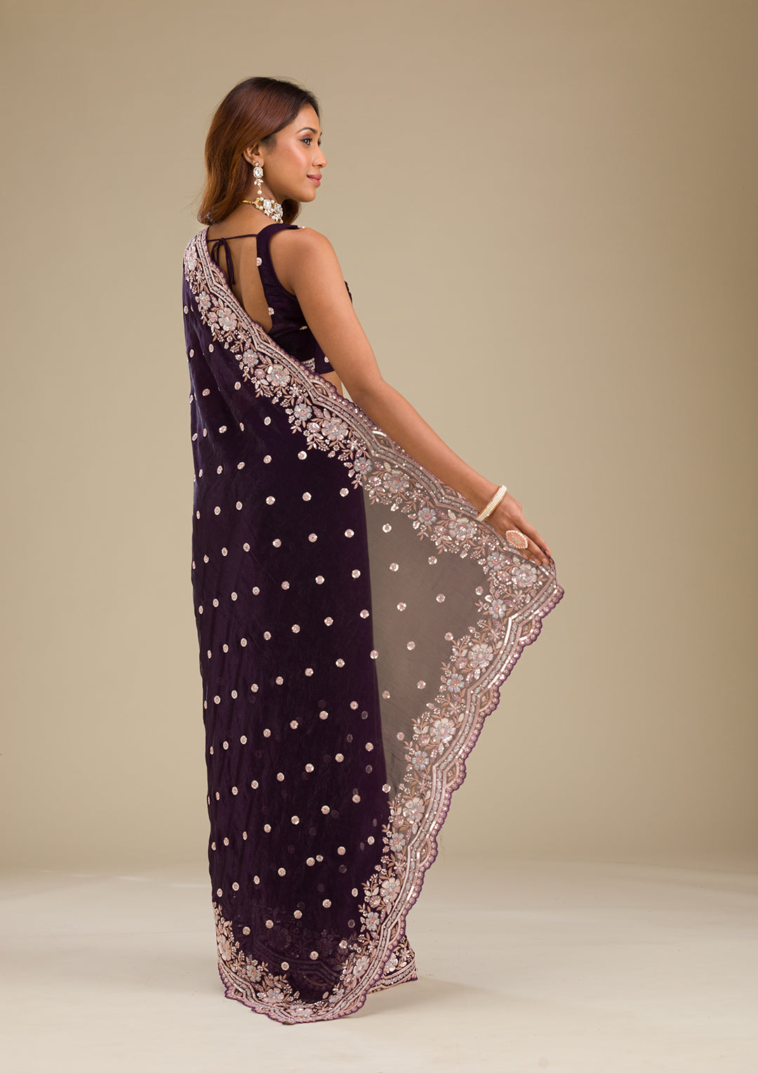 Purple Sequins Semi Crepe Saree