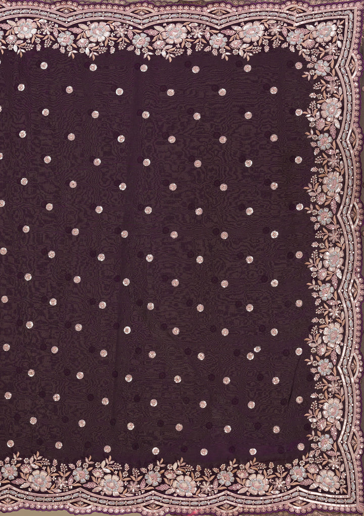 Purple Sequins Semi Crepe Saree