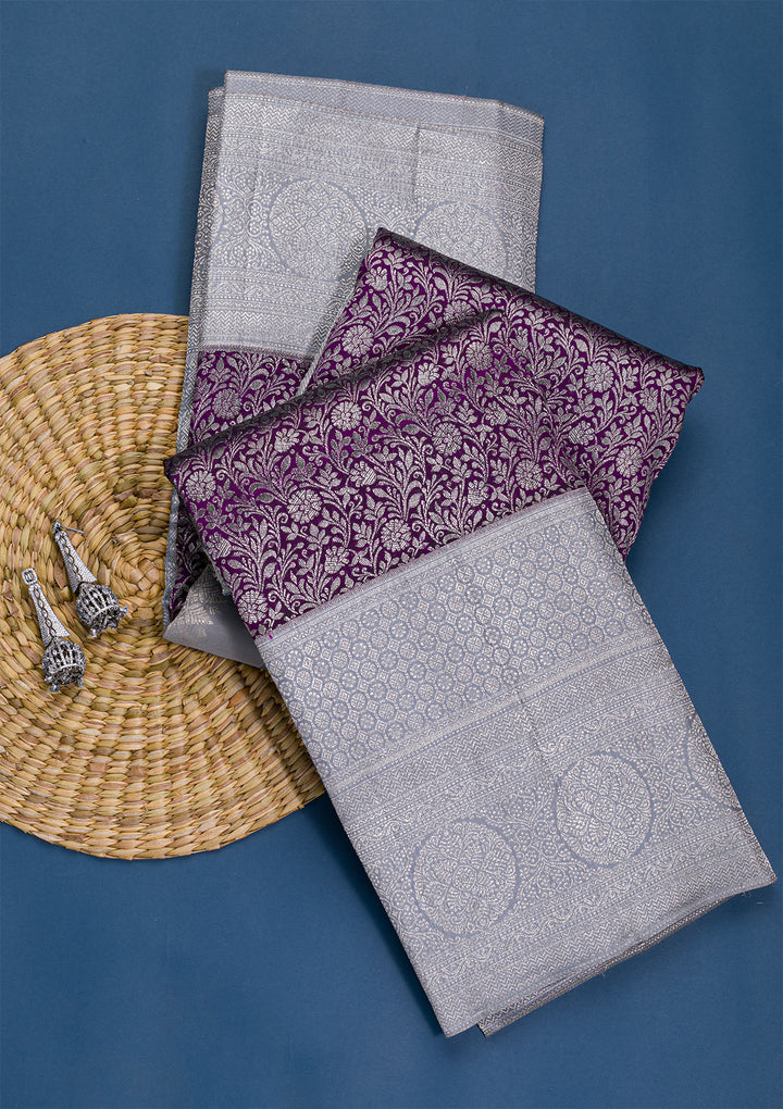 Purple Silver Zariwork Pure Silk Saree-Koskii