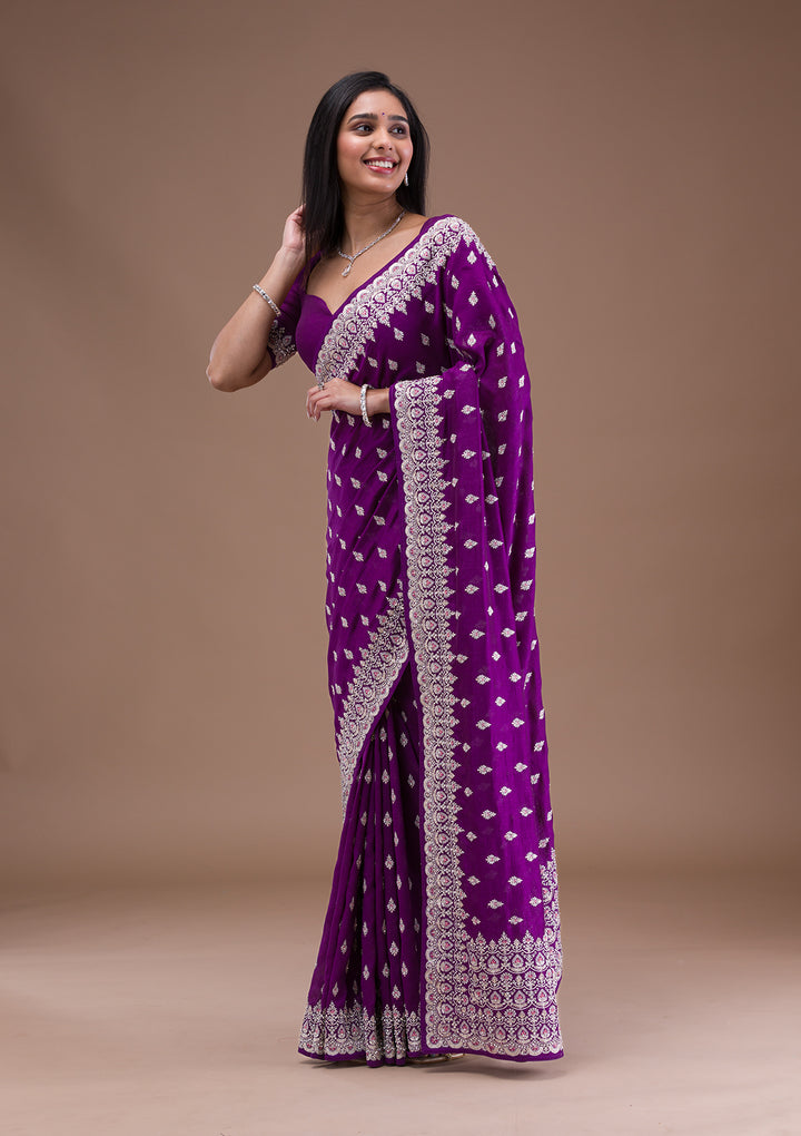 Purple Silver Zariwork Raw Silk Saree