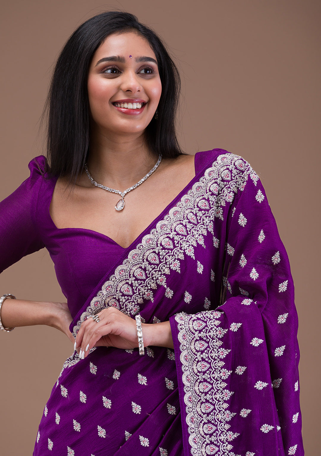 Purple Silver Zariwork Raw Silk Saree