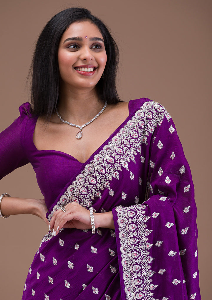 Purple Silver Zariwork Raw Silk Saree