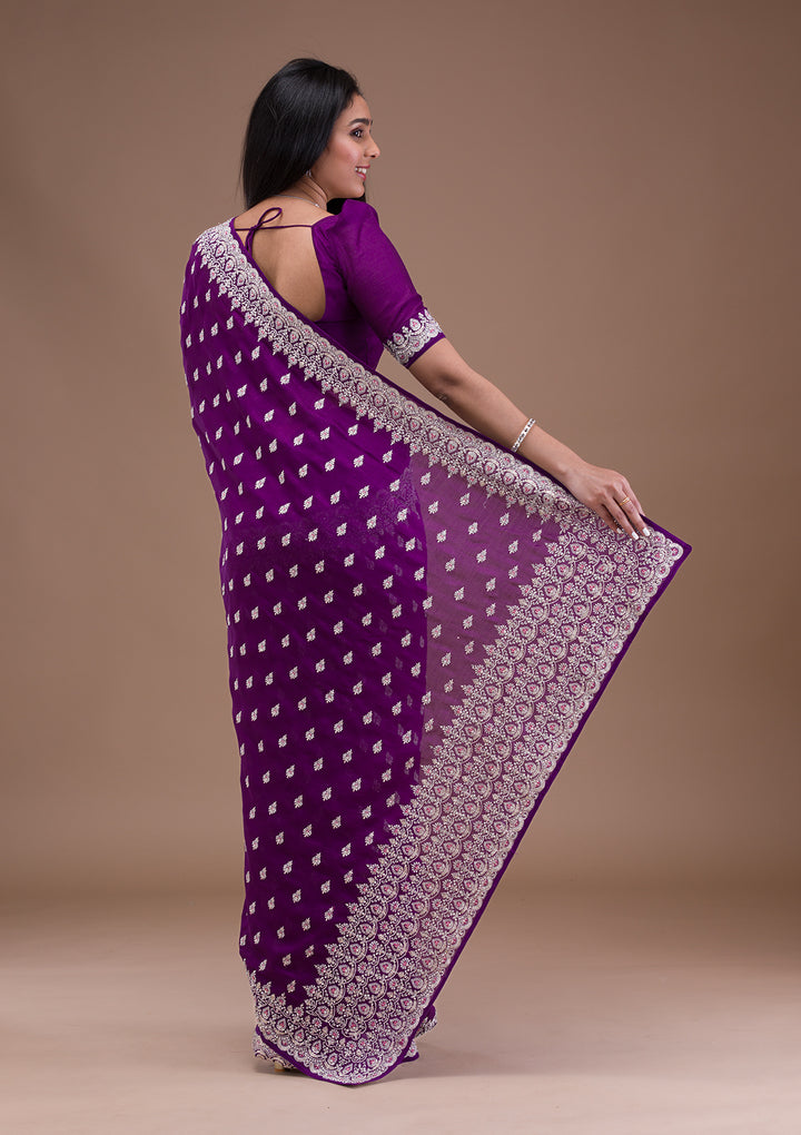 Purple Silver Zariwork Raw Silk Saree