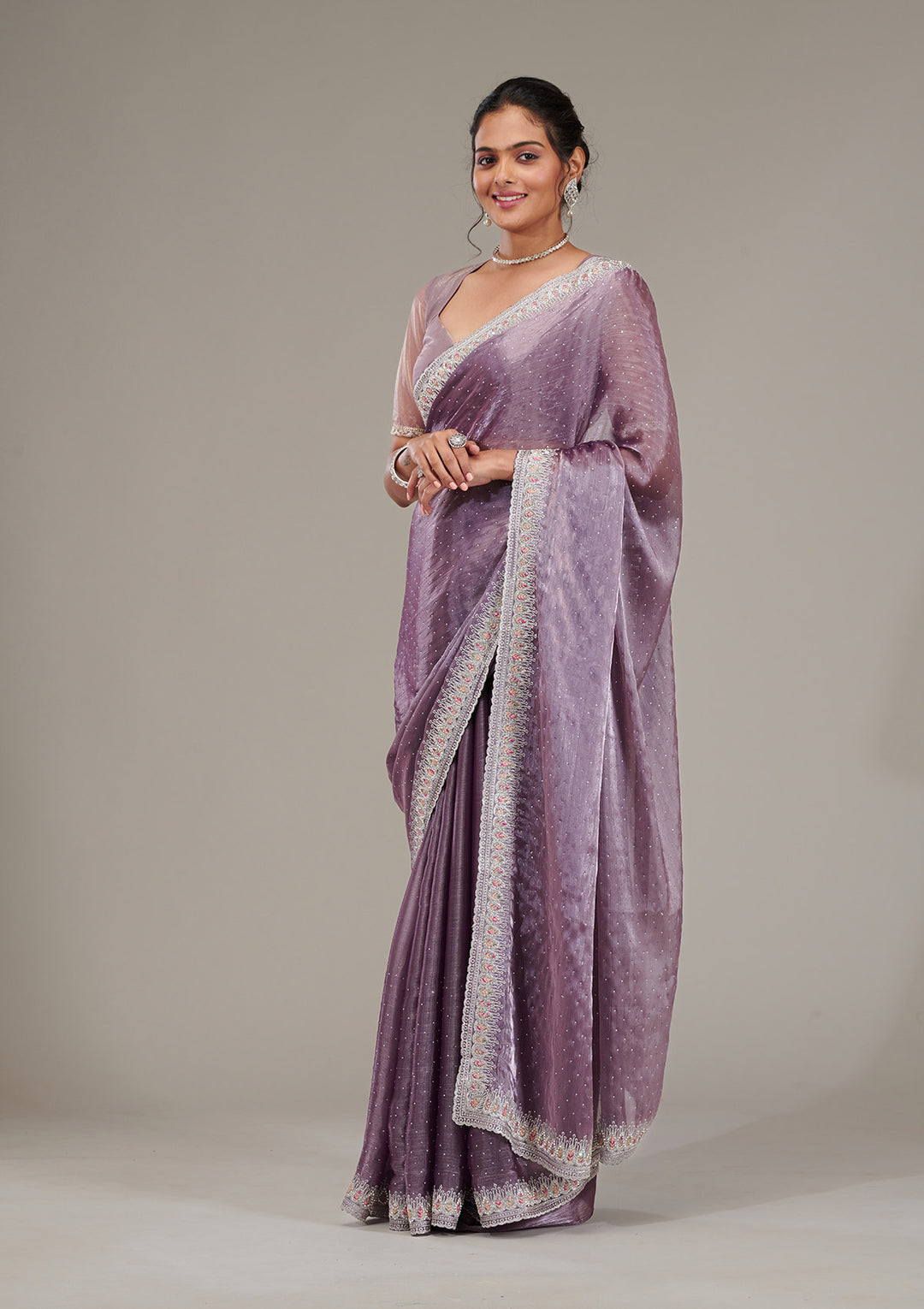 Purple Stonework Chiffon Saree