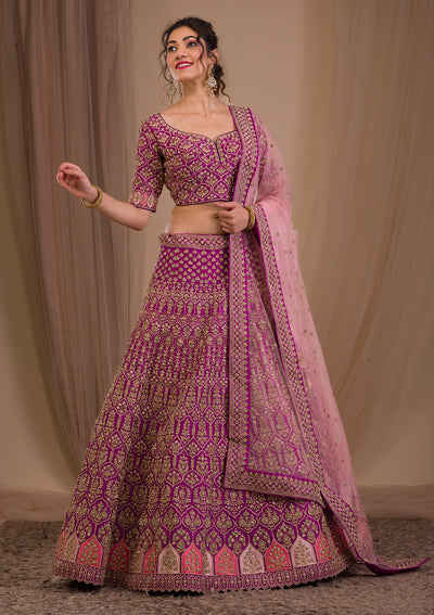 Purple Stonework Raw Silk Readymade Lehenga-Koskii
