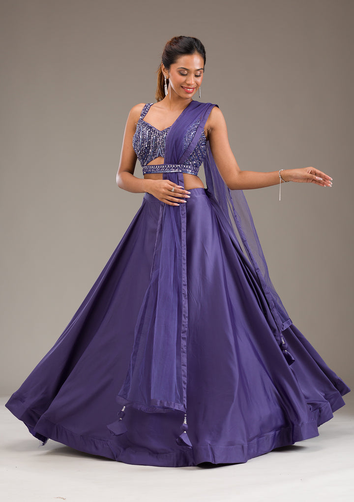 Purple Stonework Semi Crepe Readymade Lehenga