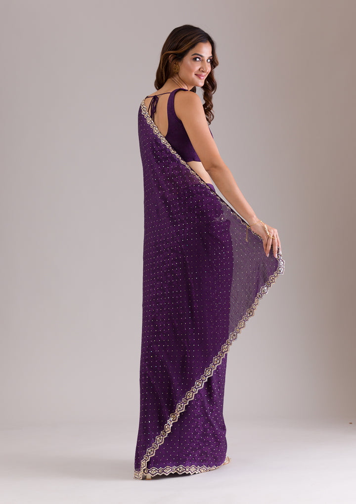 Purple Stonework Semi Crepe Saree