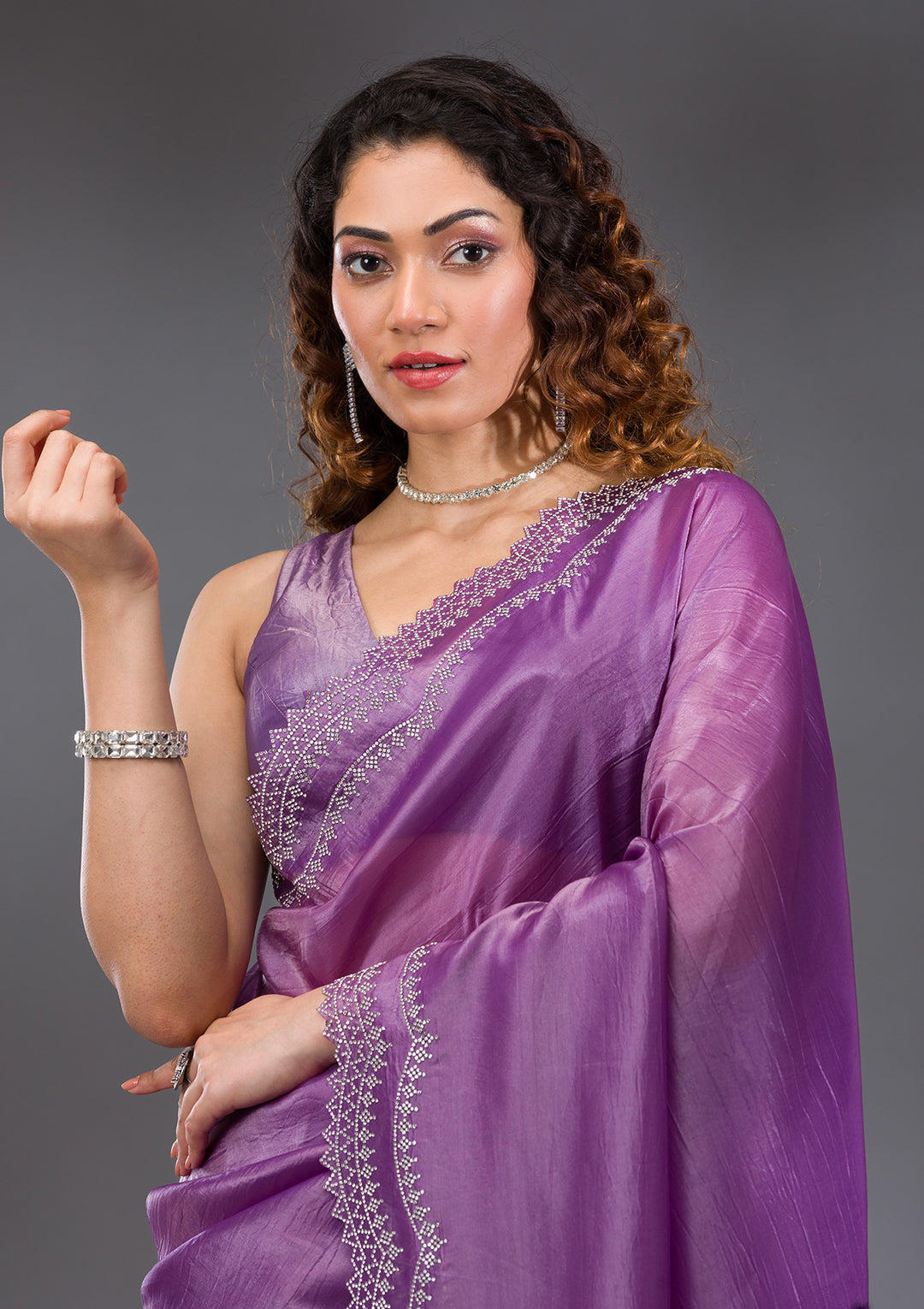 Purple Stonework Tissue Saree