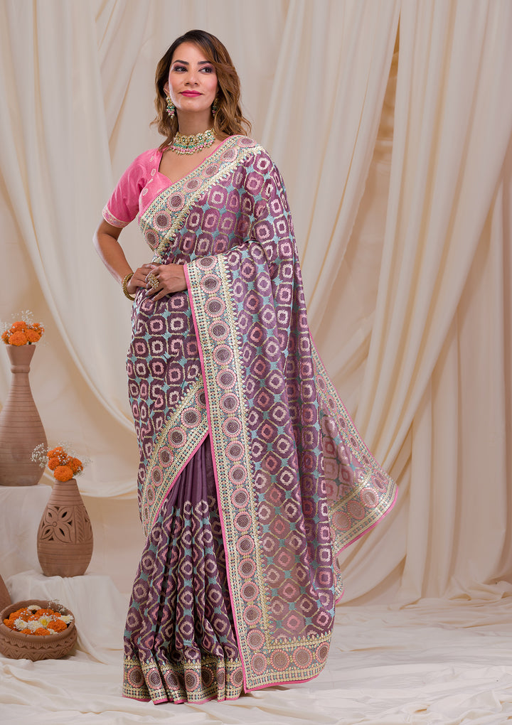 Purple Swarovski Chiffon Saree-Koskii