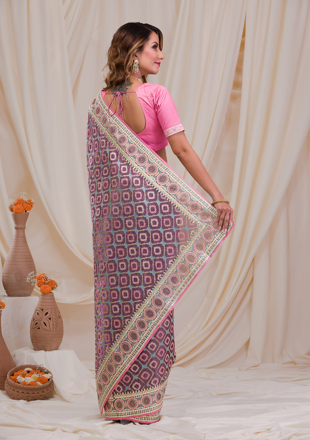 Purple Swarovski Chiffon Saree